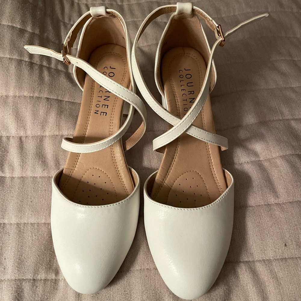 White closed toed block heels
